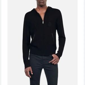 THE KOOPLES French Lux Black Wool Sweater Hoodie with Lambskin Leather Detail